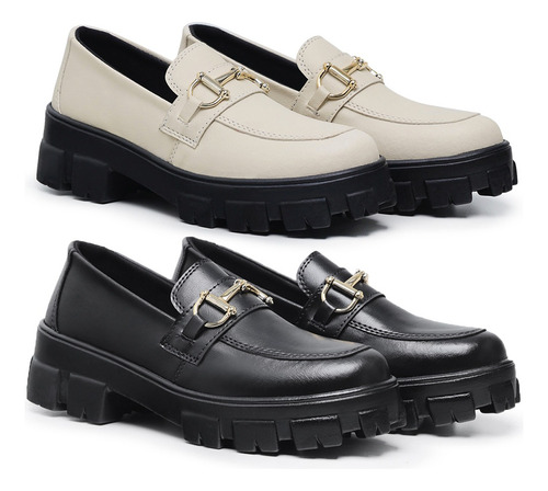 Kit 2 Pares Mocassim Feminino Tratorado Plataforma Com Metal
