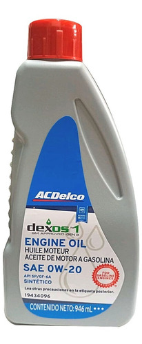 Aceite Acdelco 0w20 Sintetico 946 Ml Original