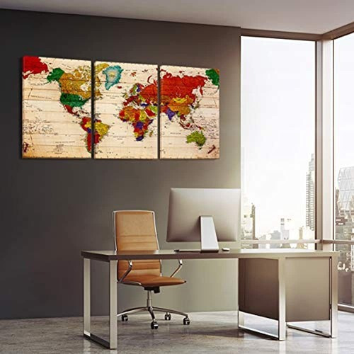 Mapa Del Mundo Lienzo Arte De La Pared 20x36 Pulgadas X 3 Pa