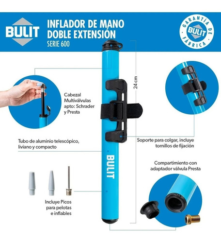 Imagen 2 de 10 de Inflador De Mano Bulit Serie 600 - Doble Extensión Bicicleta