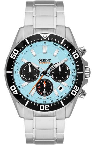 Relógio Orient St Elite Sea Solartech Mbssc288 A1s Correia Prateado Bisel Preto Fundo Azul-celeste