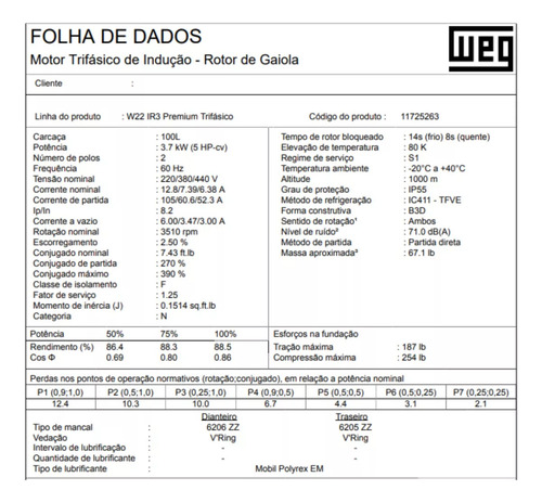 Motor Elétrico 5 Cv Weg Premiun 220v/440v Ip55 W22 Trifásico