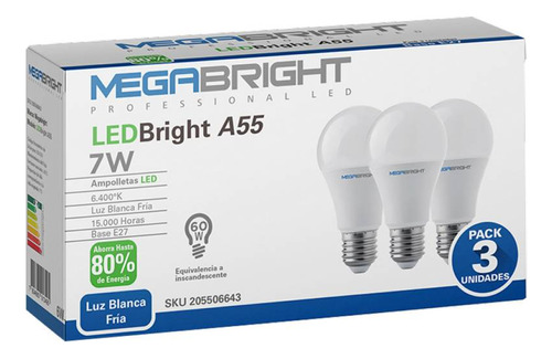 Ampolleta Led Megabright A55 Clásica 7w/6400k E27 Pack X 3