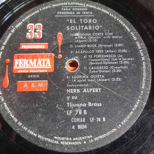 Sin Tapa Disco Herb Alpert Tijuana Brass Toro Solitario Si0