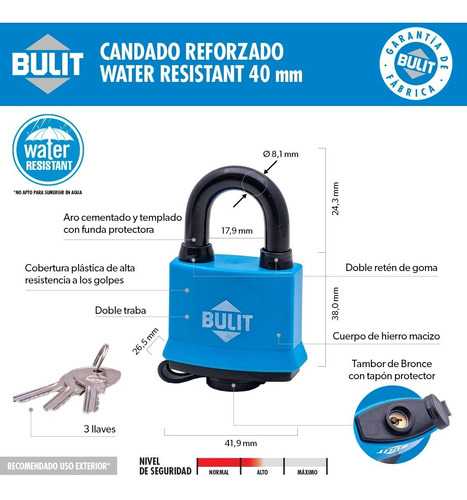 Candado Bulit Doble Traba Resistente Al Agua - Intemperie 40