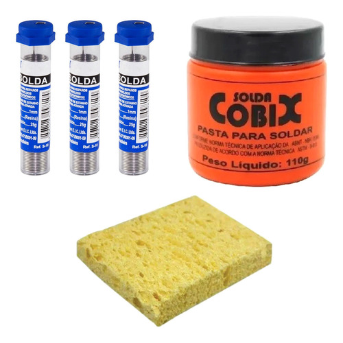 Kit Pasta De Solda Cobix + 3 Tubo Estanho + Esponja Brinde