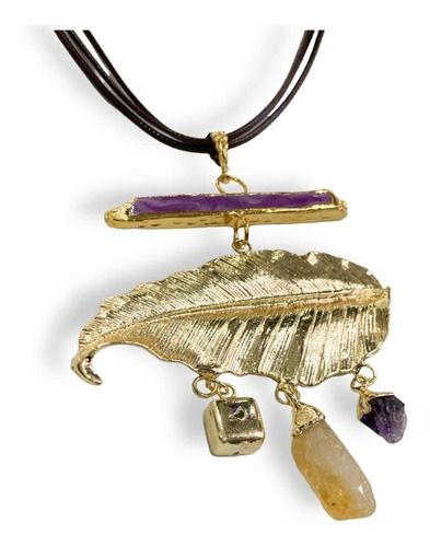 Collar Laminado Oro22k Dije Hoja Con Piedras Estambul Joya Color Marrón