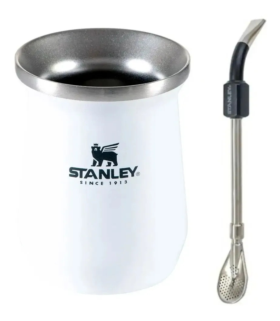 Combo Mate Stanley Clasico 236 Ml + Bombilla Spoon Color Mate Blanco / Bombilla Negra Combo Mate Y Bombilla
