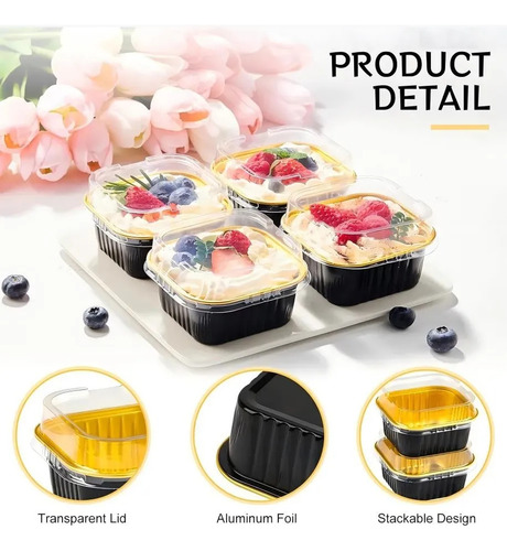BANNA 50 Molde Para Tarta De Aluminio Desechable Con Tapa+cuchara,5 oz Mini Moldes para Tartas, Moldes Cuadrados de Foil para Tartas de Bodas, Fiestas y Cumpleaños, 9*9*3.5cm,Negro