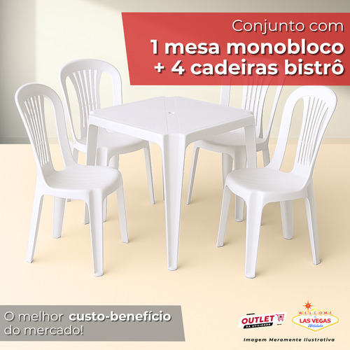 Kit Com Mesa Plastico 4 Cadeiras Branca Preta Cinza 182 Kilo