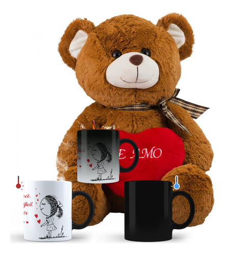 Kit Namorada Urso Te Amo Pelúcia Caneca Mágica Personalizada