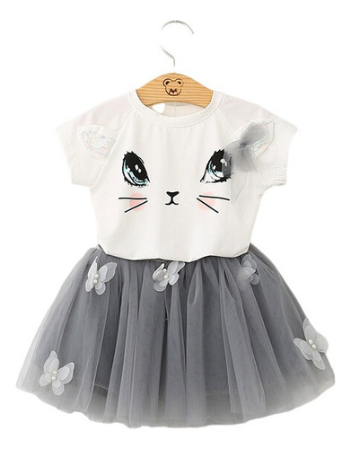 D Niñas Lindo Gato Manga Corta + Traje De Vestido De