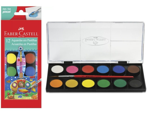 Estojo Aquarela Em Pastilhas 12 Cores Pincel Faber Castell Cor Variadas