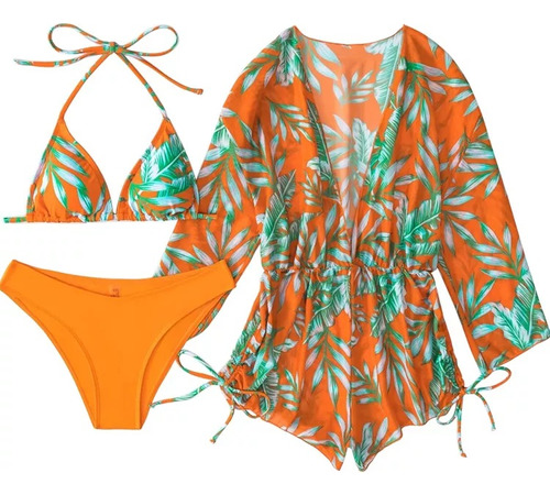 Conjunto Saída De Praia Quimono Femenino + Biquini Florido