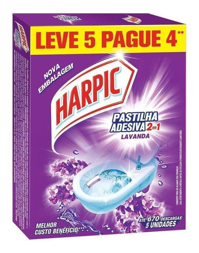 Pastilha adesiva 2 em 1 lavanda leve 5 pague 4 unidades Harpic