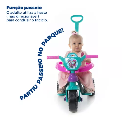 Triciclo Motoca Kemotoca Kendy - Suporta 25kg - C/ Empurrador, Apoio para  os Pés, Protetor Lateral e Par