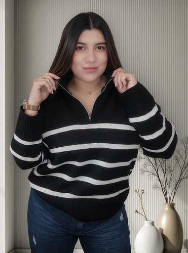 Sweater Hilo Bremer Oversize Con Cierre Negro Rayas Blancas