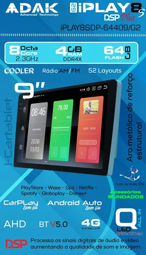 Multimidia 9p Adak Android 4gb 64gb Octacore Carplay Dsp 4g