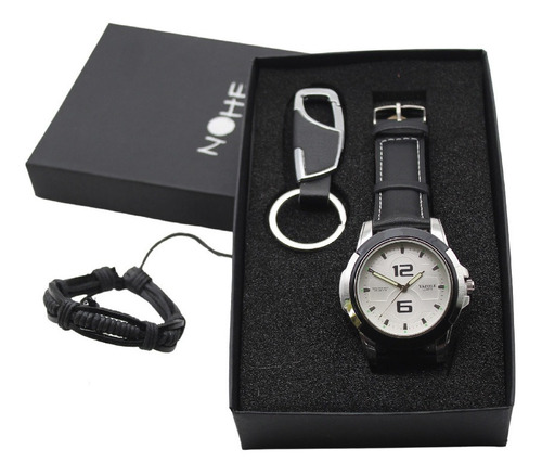 Reloj Hombre, Llavero Y Pulsera Set De Regalo Con Estuche