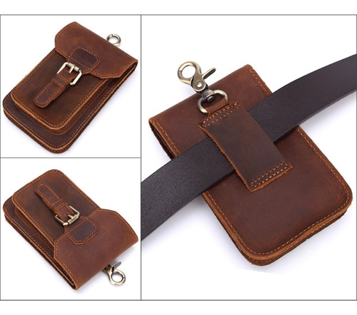 Bolso Cintura De Hombre Marrón Cuero Genuino Portacelular