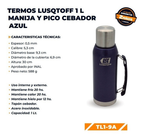 Imagen 2 de 10 de Termo Acero Inox 1 Litro Lusqtoff Azul Frio Calor Manija