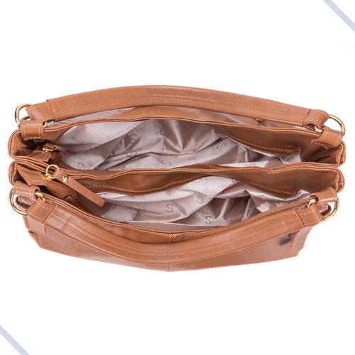 Bolsa Feminina Dupla Couro Legítimo Transversal Hobo Caramel Acambamento Dos Ferragens Ouro Cor Caramelo Correia De Ombro Caramelo Desenho Do Tecido Lisa