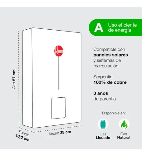 Calefon Gas Natural 18 Litros Tiro Forzado Rheem Digital
