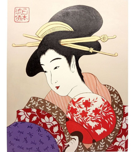 Painel Gueixa Tela Pintada À Mão Ukiyo-e / Quadro Decoração