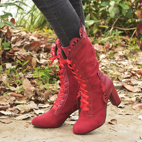 Botas A Media Pantorrilla Con Tacón Y Cordones Para Mujer