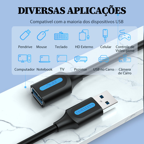 Cabo Extensor Usb 3.0 Macho X Usb Femea Ps4 Ps5 Vention 5m
