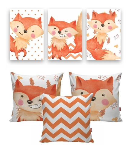 Kit 3 Quadros + 3 Capas Almofada Raposa Cute Infantil Quarto