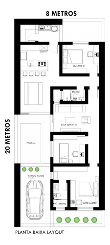 Planta Baixa Lote 8x20 Layout Projeto Arquitetônico