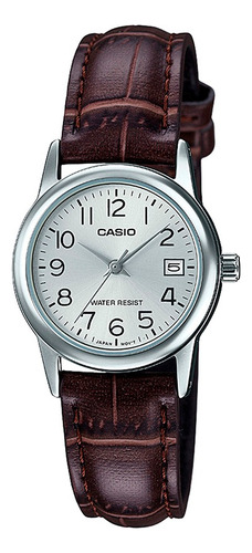 Reloj Casio Análogo Acero Ltp-v002l-7b2udf Dama Original Correa Café Fondo CAFE PLATA CON NUMEROS