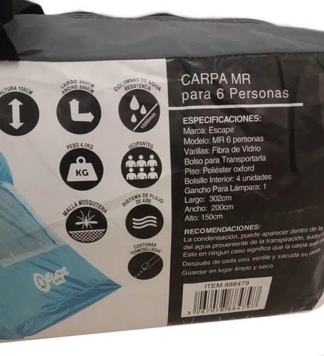 Carpa Escape Outdoor Cadillac P/ 6 Personas C/ Sobretecho Rojo
