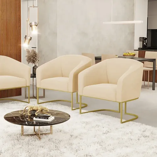 Kit 02 Poltronas Stella Suede Bege Base Industrial Dourada Bege
