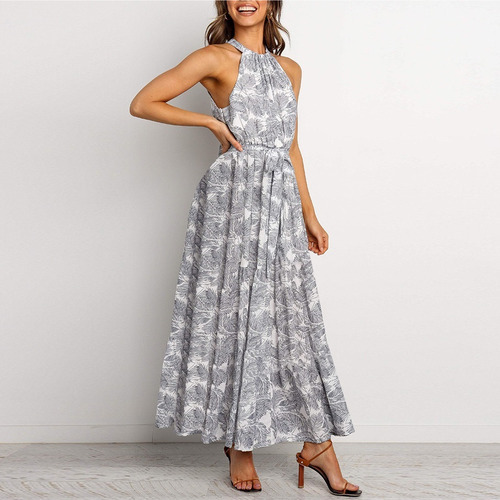 Vestido Largo Con Cinturón Cuello Halter Sin Mangas Elegante