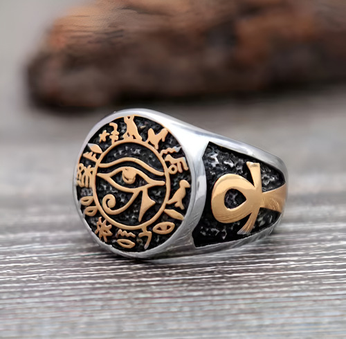 Anillo Ojo Horus/cruz Ankh Titanium Protección Brujeria