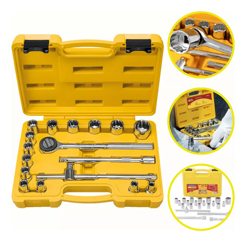 Jogo De Soquetes Estriados Encaixe 1/2'' 17 Peças Tramontina Cor Cinza/amarelo
