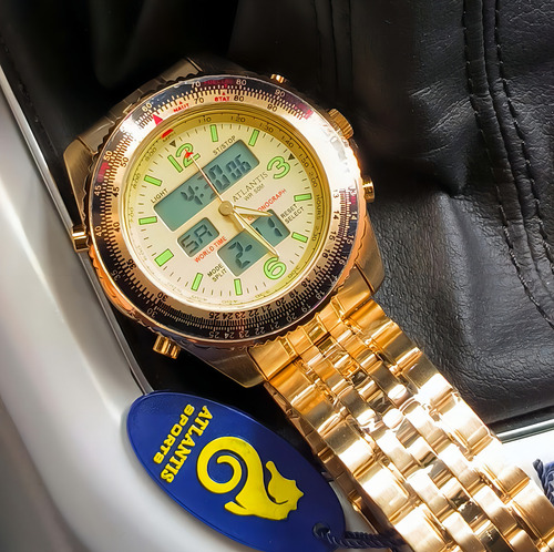 Relógio Masculino Atlantis Retro Prova Dagua Aviador Correia Dourado Bisel Dourado Fundo Dourado