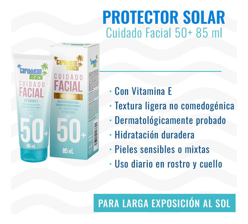 Protector Solar Facial Caribbean Beach Fps50 Vitamina E 85ml