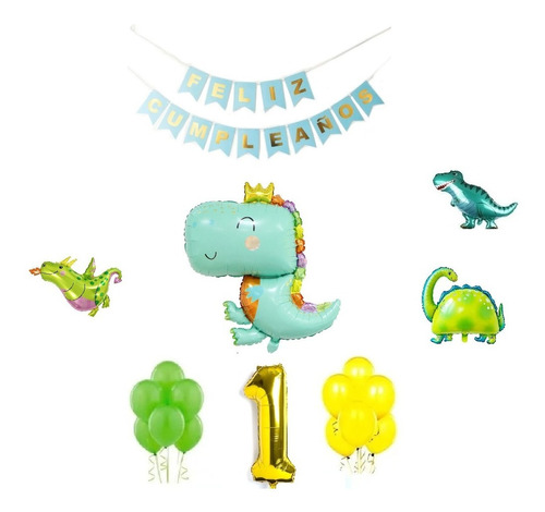 Combo  Globos Dinosaurio Bebé + Nro + Banderín + Látex 