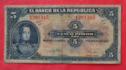 Billete Cinco Pesos 1950.