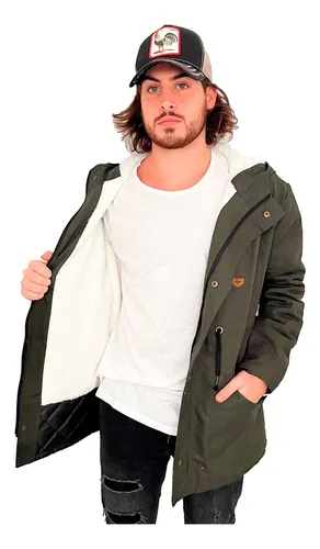 Campera Parka Hombre Invierno Forrada Gabardina Piel Capucha