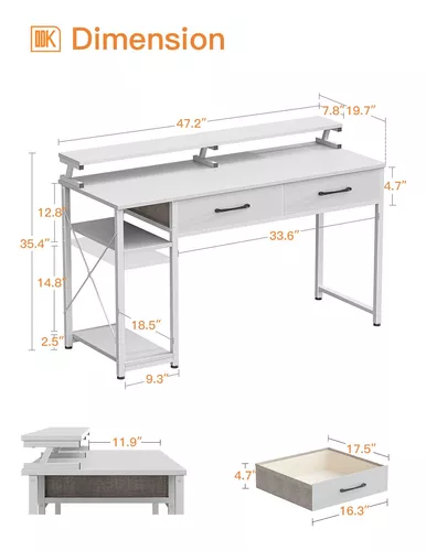 ODK Escritorio para computadora con cajones, escritorio de oficina de 48  pulgadas con bolsa de almacenamiento y estantes, escritorio de trabajo con