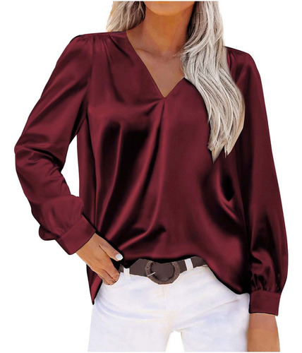 Blusa De Satén Plisada Con Cuello En V, Holgada, Larga, L, P