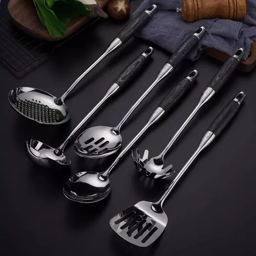 Juego de utensilios de cocina de acero inoxidable 304, 8 herramientas de  cocina de metal con espátula, cuchara sólida, cuchara ranurada, cucharón