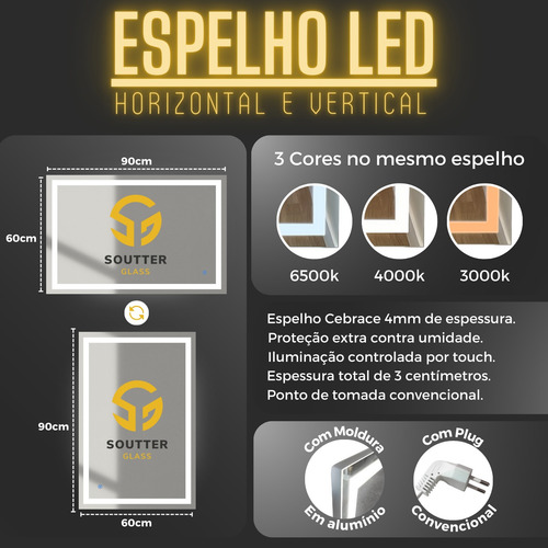 Espelho Retangular Jateado Com Led 60x90 3 Tonalidades