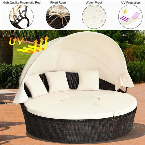 Diván Retráctil D Mimbre Con Mesa Ajustable Para Exteriores
