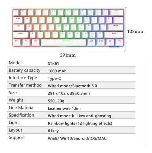Imagen 4 de 7 de Teclado Mecánico 60% Bluetooth Switch Red- Stk61 Blanco