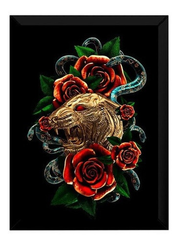 Quadro Decoração Estúdio Tatuagem Arte Leão Rosas Cobra